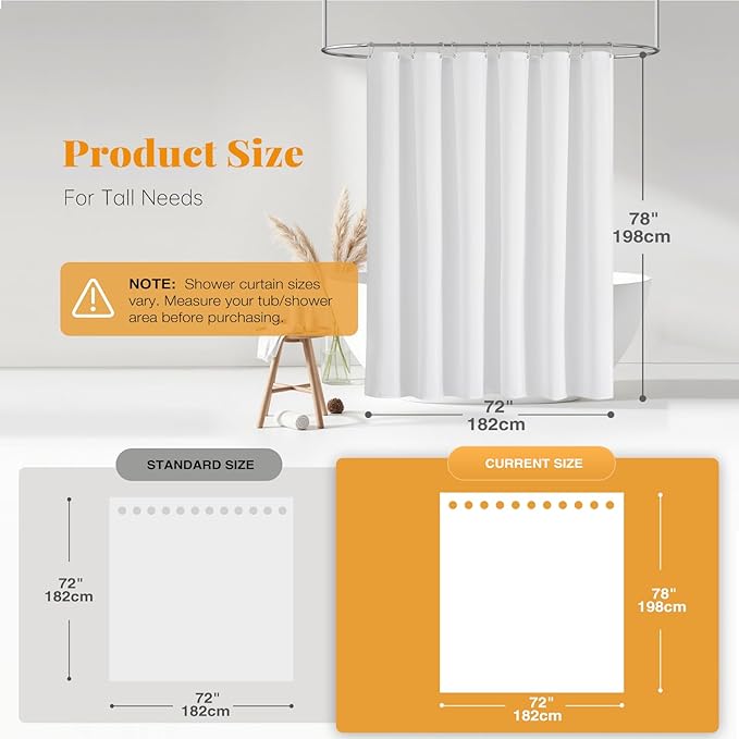 BTTN Long Fabric Shower Curtain - 78 Inches Linen Textured Heavy Duty Hotel Luxury Cloth Shower Curtain Set with 12 Plastic Hooks, Polyester Waterproof Spa Shower Curtains for Bathroom(72"x78", White)