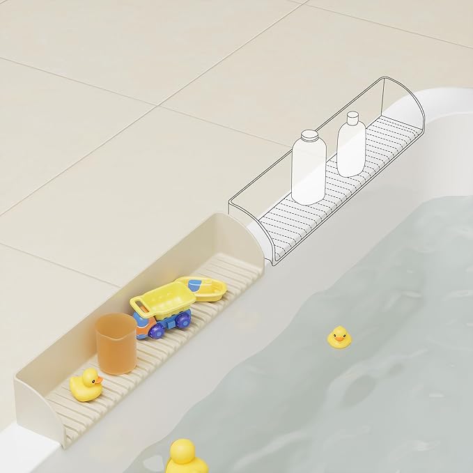 Roslim Splash Guard for Bathtub & Sink - Silicone Kids Bath Splash Guard Shelf, Bath Toy Tray Holder, Tub Water Splash Guard with 4 Suction Cups, Bathroom Accessories for Baby Bath, 1Pack, Beige