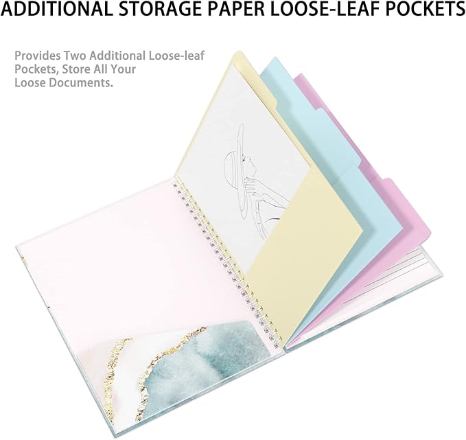 Rimilak Spiral Clipboard Folio with Refillable Lined Notepad, 14.5 x 9.8 In, Hardcover Cover with 5 Interior Pockets, Elastic Band and Pen Loop Series. Cute Stylish Clipfolio, Pink Gold Marble