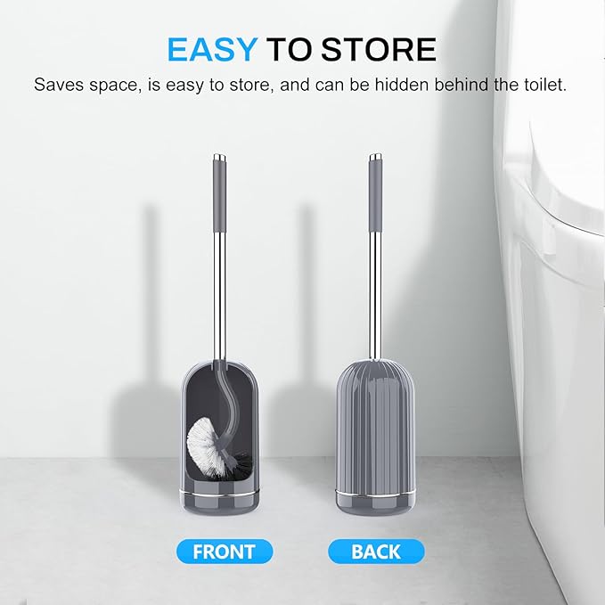 SetSail Toilet Brush and Holder Set, Compact Size Curved Toilet Bowl Brush for Bathroom Deep Cleaning with Stainless Steel Handle Toilet Cleaner Brush, Grey-2p