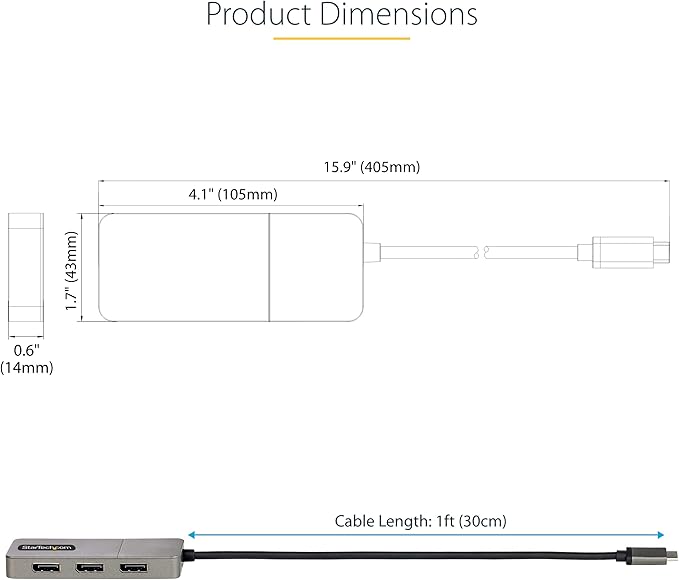 StarTech.com 3-Port USB-C Multi-Monitor Adapter, USB Type-C to 3x DisplayPort 1.4 MST Hub, Triple 4K 60Hz DP Laptop Display Extender / Splitter, HDR, Extra-Long Built-In Cable, Windows (MST14CD123DP)