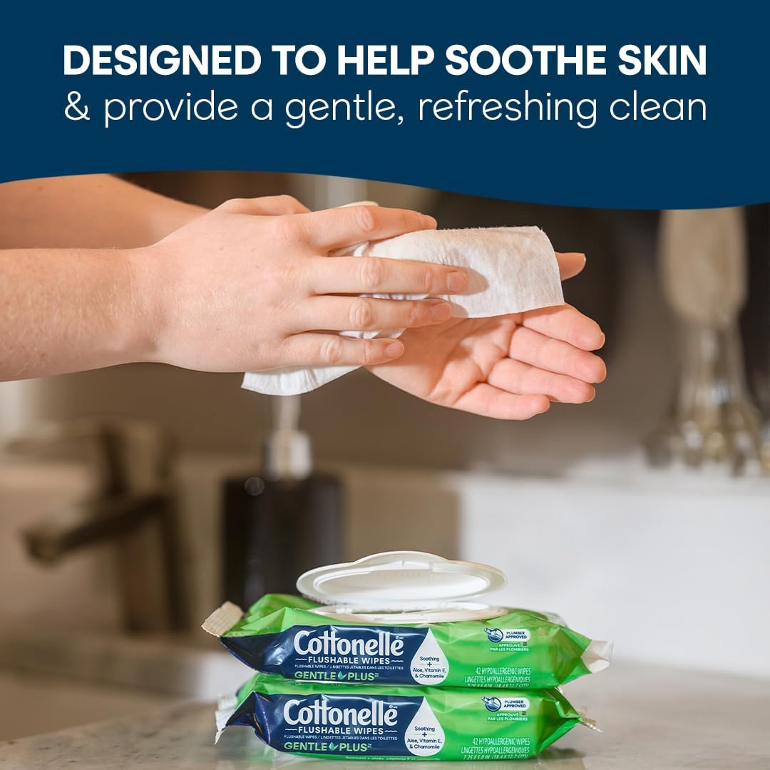 Cottonelle GentlePlus Flushable Wet Wipes with Aloe & Vitamin E, 6 Flip-Top Packs, 42 Wipes Per Pack (252 Total Wipes), Packaging May Vary