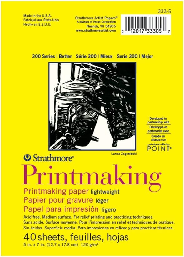 Strathmore 300 Series Printmaking Paper Pad, Glue Bound, 5x7 inches, 40 Sheets (120g) - Artist Paper for Adults and Students - Block Printing, Linocut, Screen Printing, White