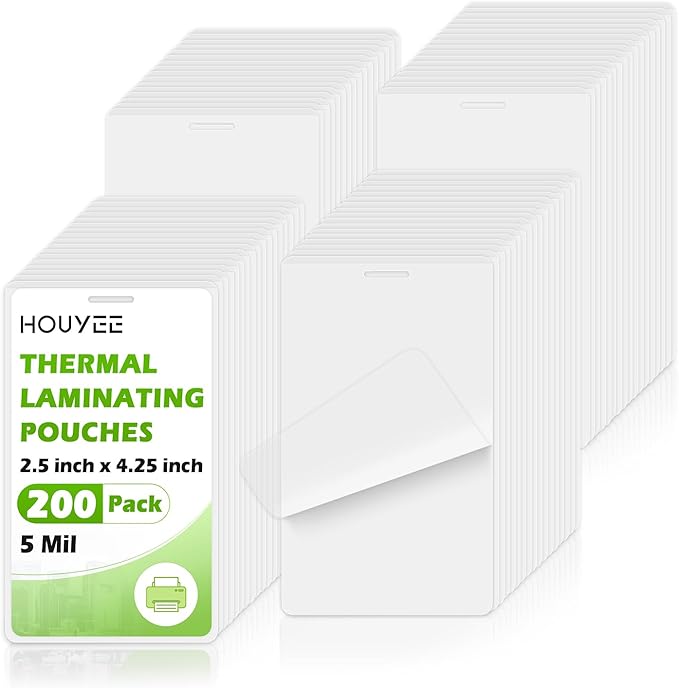 HOUYEE 200 Pack 5Mil Thermal Laminating Pouches, 2.5x4.25 Inches ID Badge Size Laminate Pouches with Hole, Ultra Clear Laminating Sheets, HeatSeal Laminator Pouches for ID Cards, Name Tags, Office Use
