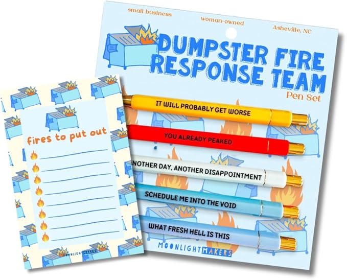 Moonlight Makers Funny Pens and Notepad Stationery Set - 5 Dumpster Fire Response Team Engraved Ballpoint Pens with Black Ink, Fires To Put Out Notepad, Cute Desk Supplies, Funny Work Gifts for Women