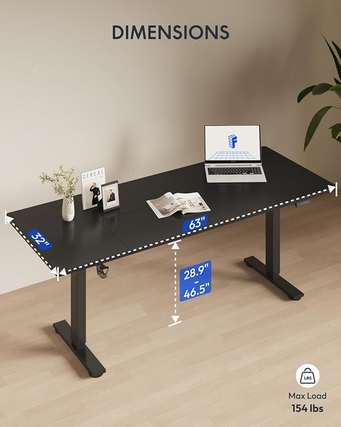 FLEXISPOT 63x32 Inch Electric Large Standing Desk for Home & Office, Spacious Splice Board Desk with Cable Management & Organizer, Cup Holder & Hook, Black