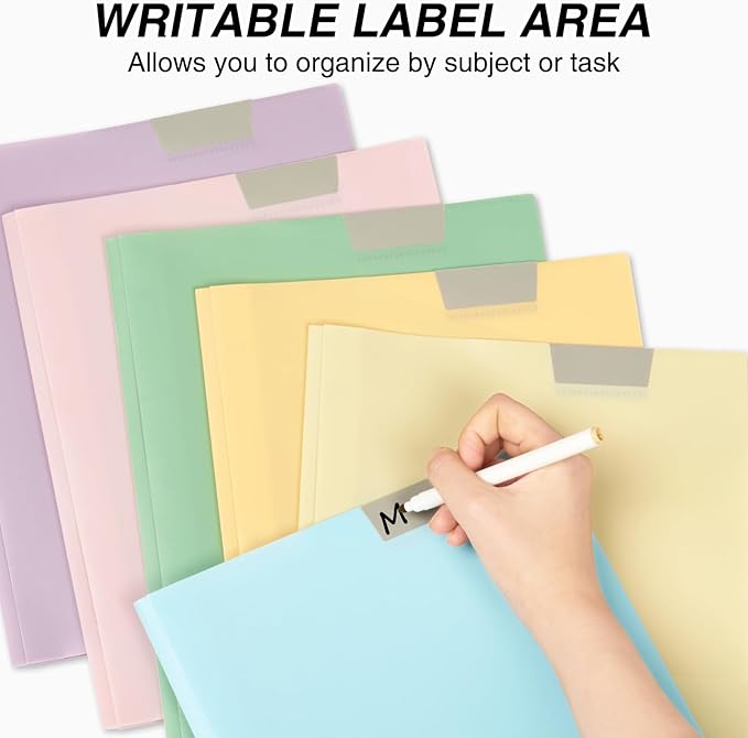 Sooez 6 Pack Plastic Folders with Pockets and Prongs, 3 Prong Folders with Pockets and Writable Label, Heavy Duty 2 Pocket Folder with Brads, Letter Size Prong Folder for School Office, Pastels Color