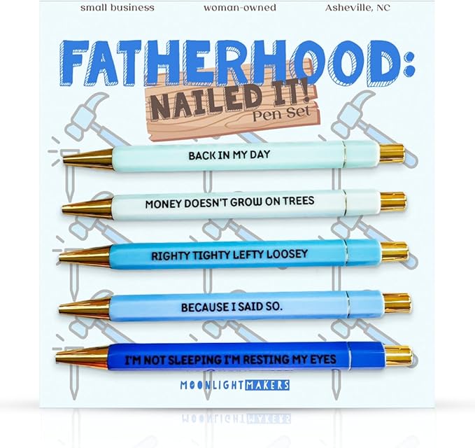 Moonlight Makers Funny Pens and Notepad Stationery Set - Set of 5 Fatherhood Nailed It Engraved Ballpoint Pens with Black Ink, Today's Garbage Notepad, Cute Desk Supplies & Funny Work Gifts for Women