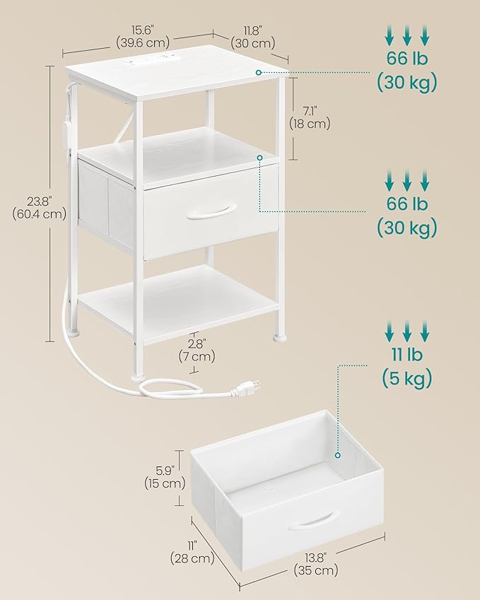 SONGMICS BELLAH Collection - Nightstand with Charging Station and App-Controlled Adjustable LED Lights, Bed Side Table, 1 Drawer and 2 Open Shelves, Bedroom, Cloud White and Snow White ULGS301WH01S