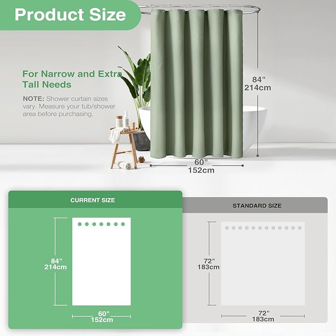 Dynamene Stall Fabric Shower Curtain - 60 x 84 inch Long Waffle Weave Weighted Thick Cloth Shower Curtain for Bathroom, Neutral Heavy Duty Hotel Spa Luxury Bath Curtain Set with 10 Hook, Sage Green