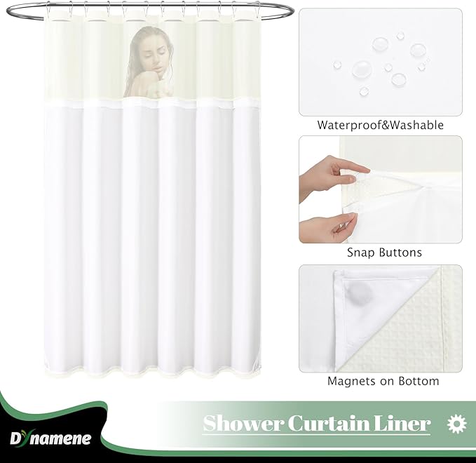 Dynamene 78 Inch Long Shower Curtain, Tall Waffle Fabric Shower Curtains for Bathroom, Hotel Waterproof Cloth Shower Curtain Liner Set with Hooks, Snap in Liner, Mesh Top Window, Cream, 72x78