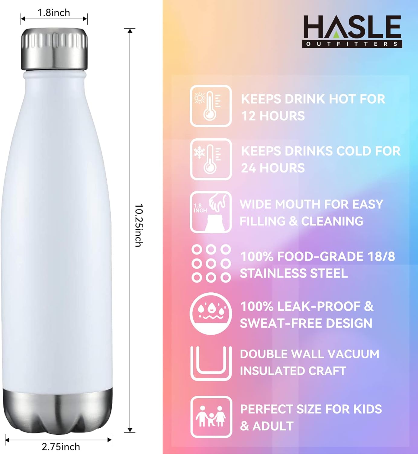 HASLE OUTFITTERS 17oz Stainless Steel Water Bottles, Vacuum Insulated Water Bottles Double Walled Powder Coated Reusable Metal Sports Water Bottles Keep Drinks Hot and Cold, White, 1Pack