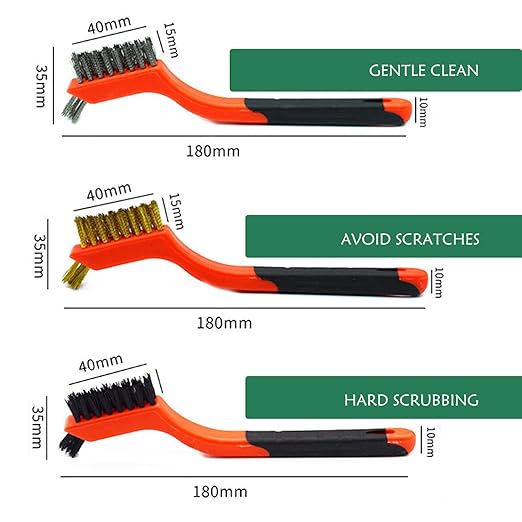 Wire Brush 9Pcs Metal Scrubber - Nylon/Brass/Stainless Steel Bristles with Curved Handle Grip for Cleaning Rust Removal, Dirt, Paint Scrubbing with Deep Cleaning – 7 Inches