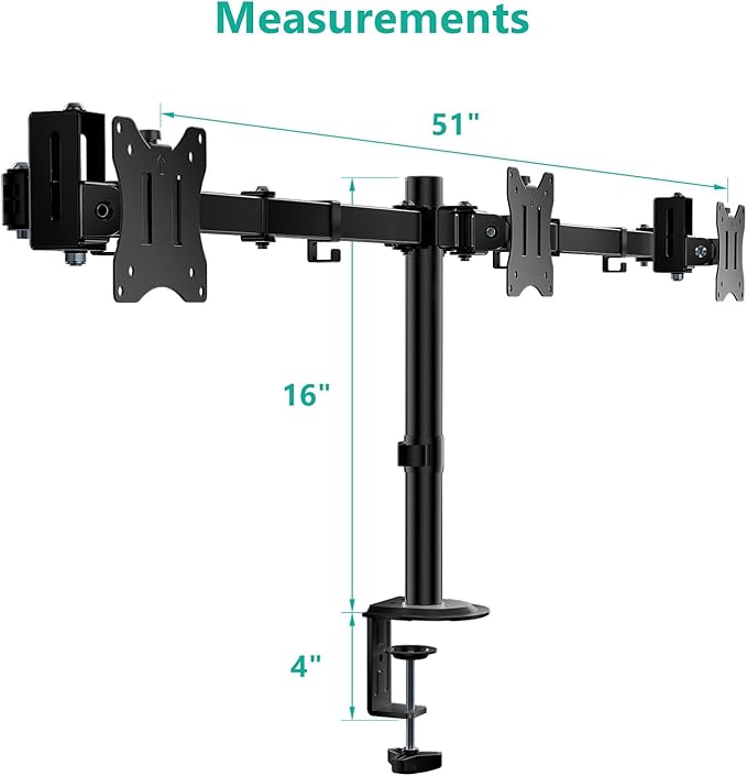 WALI Triple Monitor Mount, Heavy Duty Triple Monitors Stand up to 27 inch Screens, Adjustable 3 Monitor Desk Mount with Swivel, Tilt, Rotation, Clamp & Grommet Base Kit (M003SN), Black