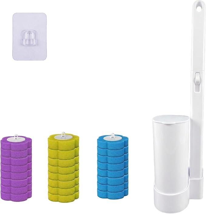 Disposable Toilet Brush with 24 Refills, Toilet Bowl Brush and Holder with Cleaner Refill Pads, Wall-Mounted Toilet Brush,Toilet Wand Brush Starter Kit for Deep Cleaning and Bathroom Maintenance