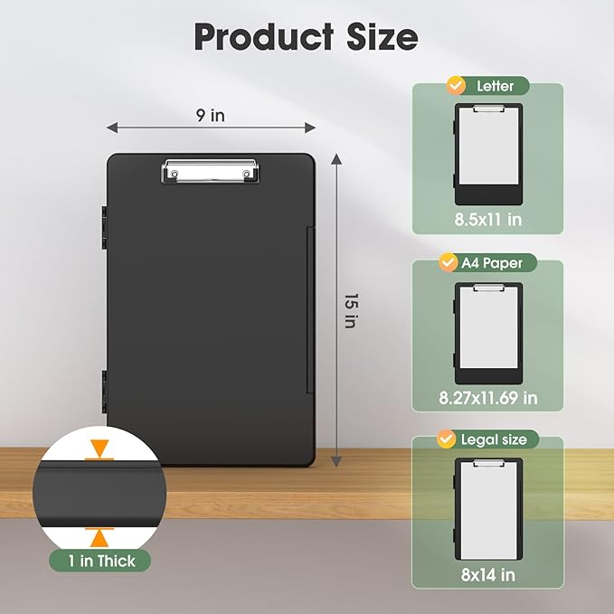 Legal Size Clipboard with Storage, High Capacity 8.5 x 14 Clip Board for Lawers, Folio & Side-Opening, Size 15 x 10 x 1.2 in, Black