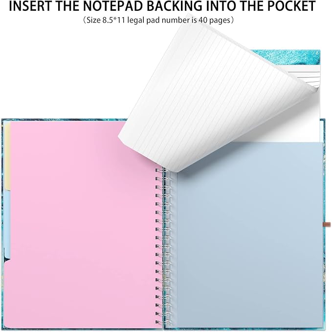 Rimilak Spiral Clipboard Folio with Refillable Lined Notepad, 14.5 x 9.8 In, Hardcover Cover with 5 Interior Pockets, Elastic Band and Pen Loop Series. Cute Stylish Clipfolio, Teal Marble