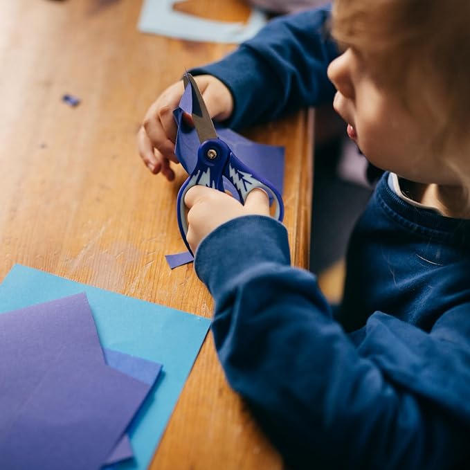 Fiskars 5" Softgrip Left-Handed Pointed-Tip Scissors for Kids Ages 4-7, Left-Handed Scissors for School or Crafting, Back to School Supplies, Blue Lightning