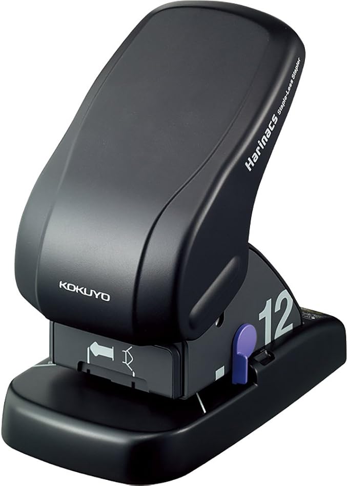 Kokuyo Harinacs Stapleless Stapler, Large Desktop Staple Free Stapler, 12 Sheet Capacity, Black, Japan Import (SLN-MS112D)