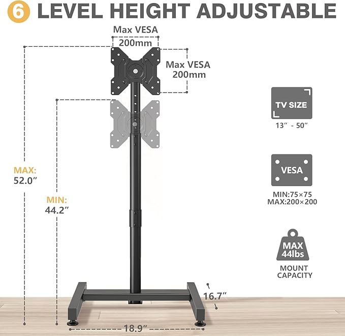 TVON TV Floor Stand for 13-50 inch LCD LED Flat/Curved Panel Screen TVs up to 44 lbs, Height Adjustable TV Stand Mount with VESA 200x200, Portable TV Stand for Bedroom, Dorm Room, Office