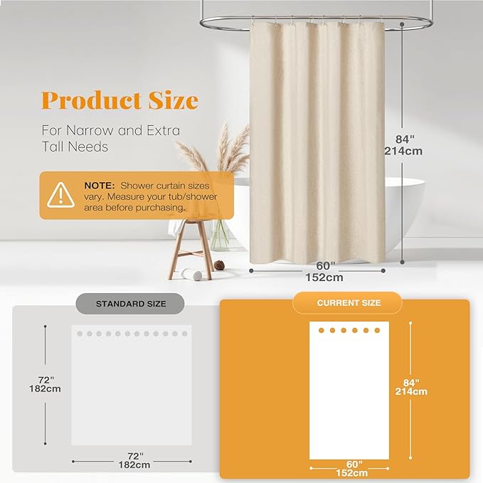 BTTN Stall Fabric Shower Curtain - 60 x 84 Inch Long Linen Textured Heavy Duty Shower Curtain Set with 10 Plastic Hooks, Narrow Decorative Neutral Waterproof Shower Curtains for Bathroom, Cream/Beige