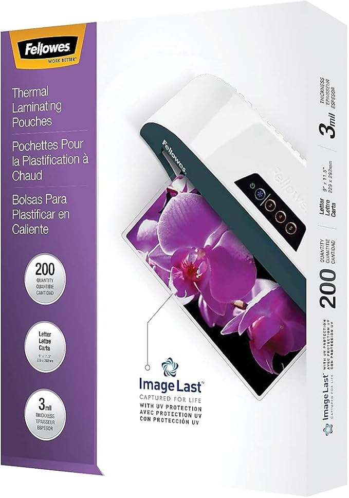 Fellowes Thermal Laminating Pouches, ImageLast, Jam Free Letter Size, 3 Mil, 200 Pack (5244101)