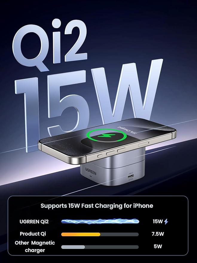 UGREEN MagFlow Qi2 Magnetic Foldable Charging Station, 2-in-1 Fast Wireless Charger Compatible with iPhone 17/17 Air/17 Pro/17 Pro Max 16 15 14 13 12, Airpods3 2 Pro (No AC Adapter), Dark Grey