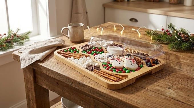 Farberware Build-A-Board Snowman Shaped Bamboo Serving Board with Clear Lid, Make and Take Holiday Charcuterie and Dessert Tray