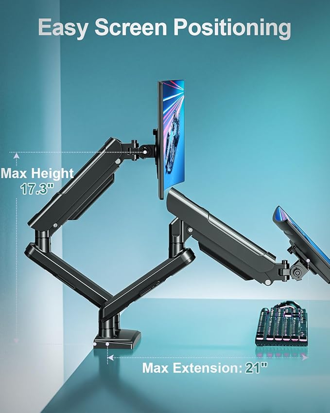 Dual Monitor Desk Mount, 13-32 inch Adjustable Full Motion Monitor Arm, Computer Display Stand Holder with Clamp and Grommet Base, Fits 4.4 to 22lbs Screens, VESA Mount Bracket, Black, Freelift Pro