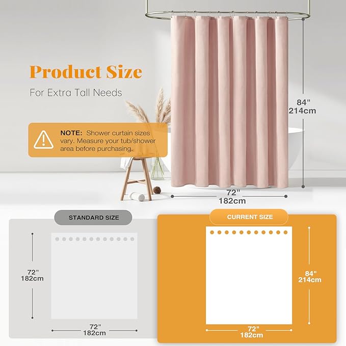 BTTN Fabric Shower Curtain, Linen Textured Heavy Duty Polyester Cloth Shower Curtain Set with Plastic Hooks, Blush, 72x84