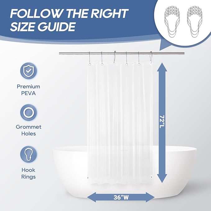 downluxe Clear Shower Curtain Liner with Hooks, PEVA Plastic Shower Liner, 36" W x 72" L Waterproof Lightweight Bathroom Curtain(6 Hooks, 1PC)
