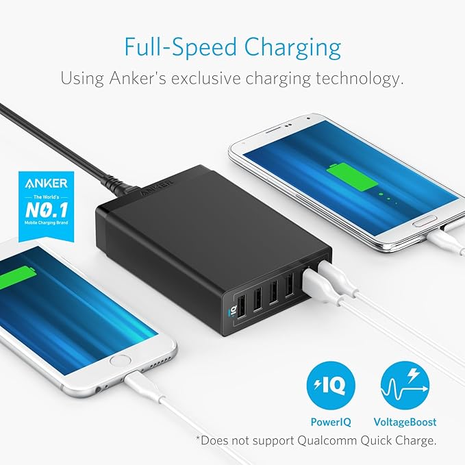 Anker Desktop Charger, 60W 6 Port USB Multiple Charging Hub, PowerPort 6 Multiple USB Charger, Campatible with iPhone, iPad, MacBook, Galaxy, LG, HTC, and More
