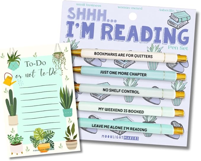 Moonlight Makers Funny Pens and Notepad Stationery Set - Set of 5 Shhh I'm Reading Engraved Ballpoint Pens with Black Ink, To Do Or Not To Do Notepad, Cute Desk Supplies & Funny Work Gifts for Women