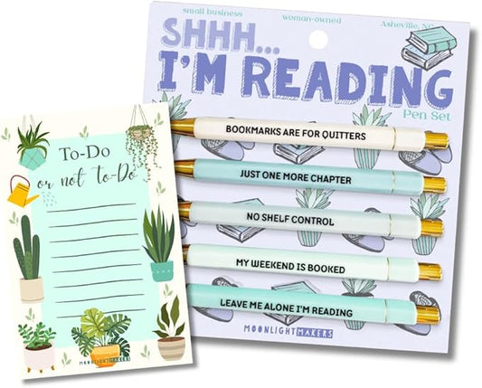 Moonlight Makers Funny Pens and Notepad Stationery Set - Set of 5 Shhh I'm Reading Engraved Ballpoint Pens with Black Ink, To Do Or Not To Do Notepad, Cute Desk Supplies & Funny Work Gifts for Women