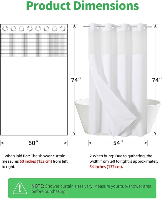 Stall No Hooks Needed Linen Textured Shower Curtain with Snap-in Fabric Liner Set,Hotel Luxury Decor Shower Curtains for Bathroom,Waterproof & Washable,60Wx74H,White
