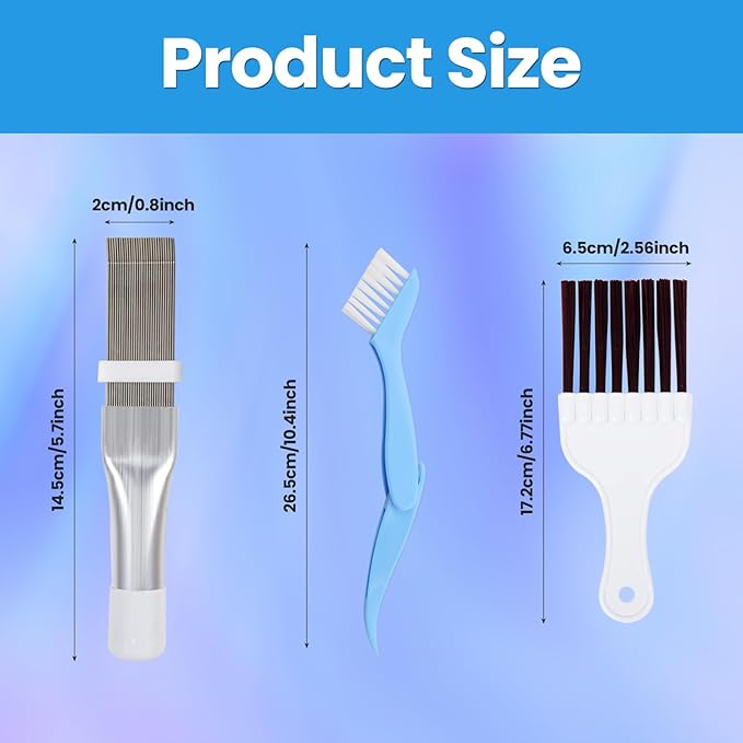 3 Pcs Air Conditioner Condenser Fin Comb Cleaner Kit, Ac Coil Cleaner Brush,1 Stainless Steel Radiator Fin Comb Straightener Refrigerator Tools with 2 Evaporator Radiator Clean Tool