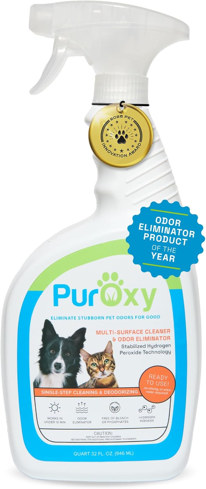 Pet Odor & Stain Remover, 32oz Trigger Spray – Bleach-Free, Ammonia-Free Stabilized Peroxide – Fast Odor Knockdown, Low Residue – Carpet, Upholstery, Tile, Sealed Wood & Artificial Turf