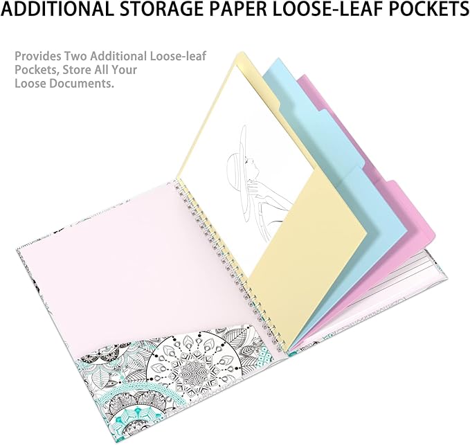 Rimilak Spiral Clipboard Folio with Refillable Lined Notepad, 14.5 x 9.8 In, Hardcover Cover with 5 Interior Pockets, Elastic Band and Pen Loop Series. Cute Stylish Clipfolio, Mandala Flower