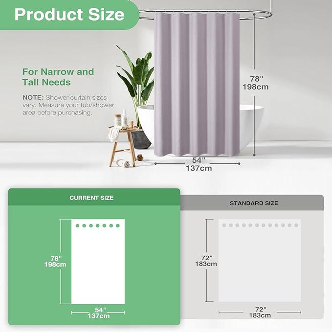 Dynamene Stall Fabric Shower Curtain - 54x78 inch Long Waffle Weave Weighted Thick Cloth Shower Curtains for Bathroom, Heavy Duty Hotel Spa Luxury Bath Curtain Set with 10 Plastic Hooks, Lavender