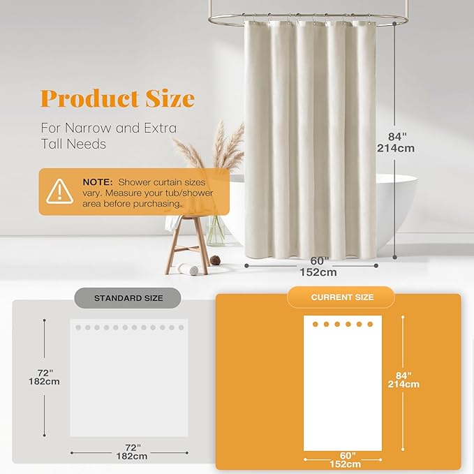 BTTN Stall Fabric Shower Curtain - 60 x 84 Inch Long Linen Textured Heavy Duty Shower Curtain Set with 10 Plastic Hooks, Narrow Decorative Neutral Waterproof Shower Curtains for Bathroom, Light Cream