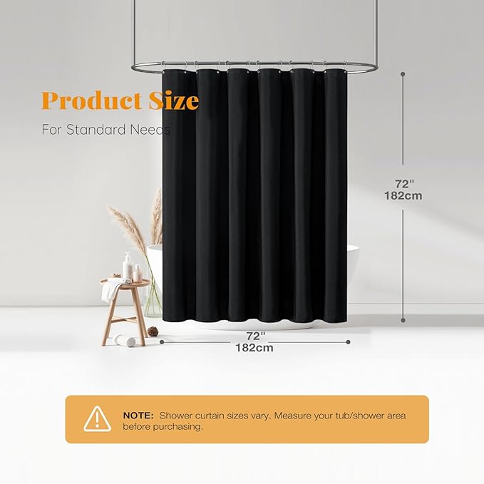 BTTN Black Fabric Shower Curtain - Linen Textured Heavy Duty Cloth Shower Curtain Set with 12 Plastic Hooks, Rust Resistant, Machine Washable, Simple Hotel Spa Luxury Bath Curtains for Bathroom, 72x72