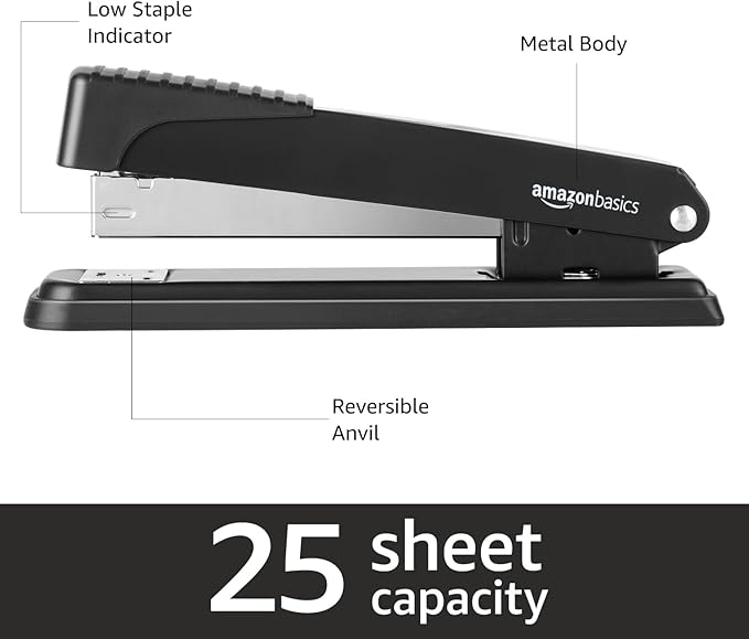 Amazon Basics Full-Strip Metal Office Desktop Stapler, 20 Sheet Capacity, Non-Slip, Black, 3-Pack