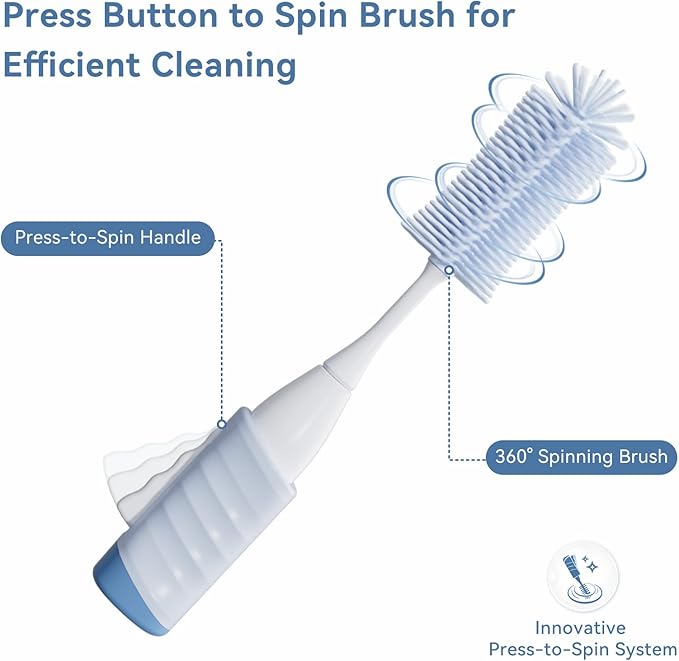 Bottle Brush Set, Innovative Efficient Press-to-Spin Brush Cleaner - Includes Silicone Baby Bottle Brush, Nipple Brush, Straw Cleaner - Spinning Generates Rich Foam for Deep Cleaning, Blue