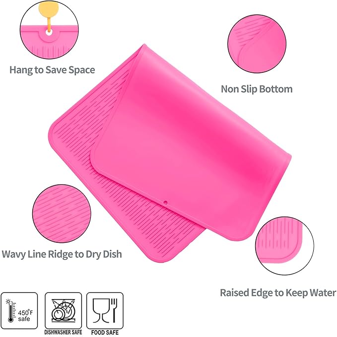 Silicone Dish Drying Mat for Multiple Usage,Easy clean,Eco-friendly,Heat-resistant Silicone Mat for Kitchen Counter or Sink,Refrigerator or Drawer Liner Rose 3XL 28 inches x 18 inches