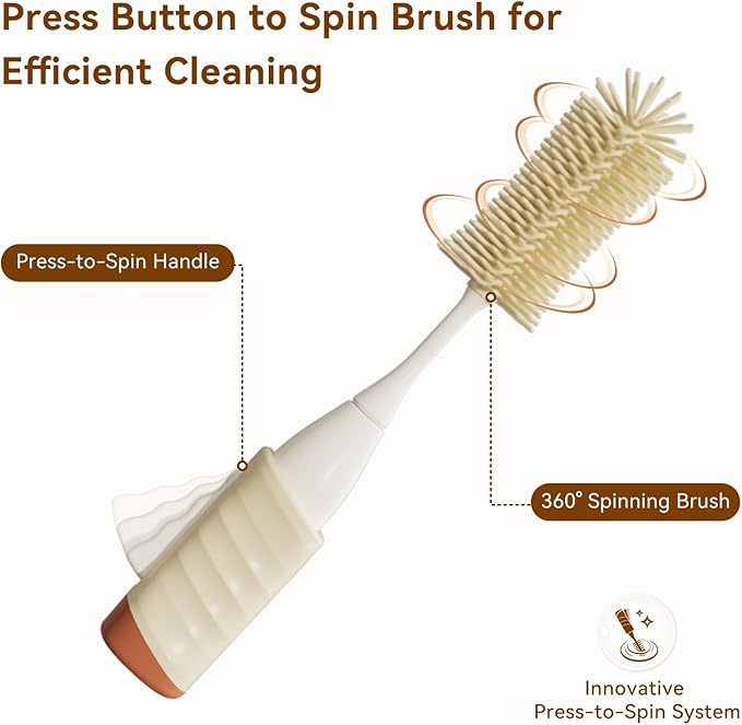 Bottle Brush Set, Innovative Efficient Press-to-Spin Brush Cleaner - Includes Silicone Baby Bottle Brush, Nipple Brush, Straw Cleaner - Spinning Generates Rich Foam for Deep Cleaning, Red