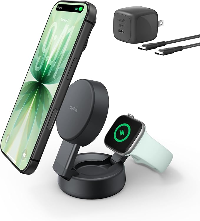 Belkin MagSafe Charger Compatible, 2-in-1 Wireless Charging Station, Qi2.2 25W Convertible Magnetic Charger for iPhone 17, Apple Watch Series 10, Google Pixel 10, and More (45W Adapter Included)