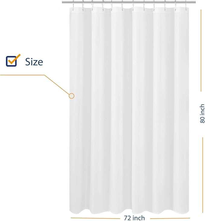 N&Y HOME Extra Long Shower Curtain Liner Fabric 72 x 80 inches, Hotel Quality, Washable, White Spa Bathroom Curtains with Grommets, 72x80