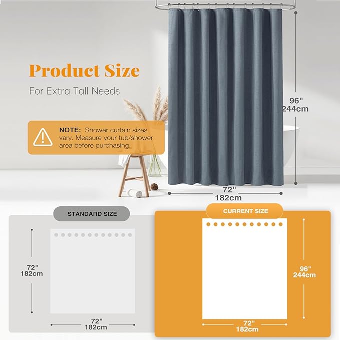 BTTN 96 Inch Extra Long Shower Curtain - Linen Textured Heavy Duty Tall Fabric Shower Curtain Set with 12 Plastic Hooks, Large Simple Neutral Cloth Shower Curtains for Bathroom, 72x96 Inch, Blue Gray