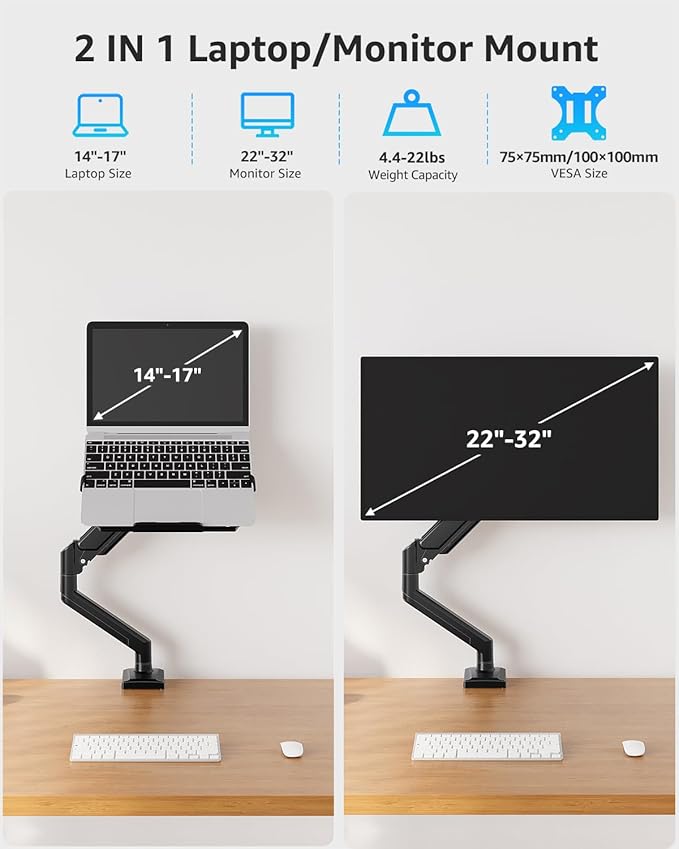 MOUNTUP Laptop Stand for Desk, 2-in-1 Monitor Mount with Laptop Tray Holds 2.2-22lbs, Adjustable Laptops Arm Mount for Max 17" Notebook & 32" Monitor, Laptops Desk Arm with Clamp/Grommet