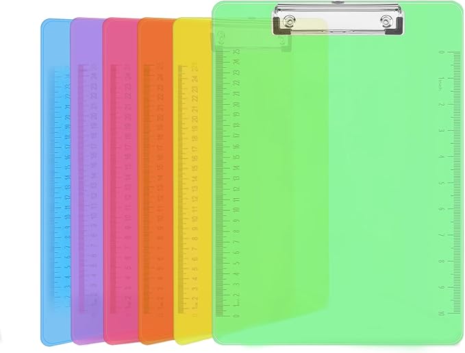 Plastic Clipboards, PANDRI 6 Pack Clear Colored Clipboards, Low Profile Clip Board 12.5 x 9 Inch Standard Letter Size, Office Supplies Classroom